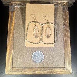 Hammered gold rectangle hoops with clear crystal pendant